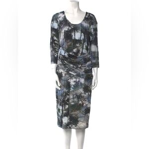 Escada Abstract Long Sleeve Dress in Blue and Gray